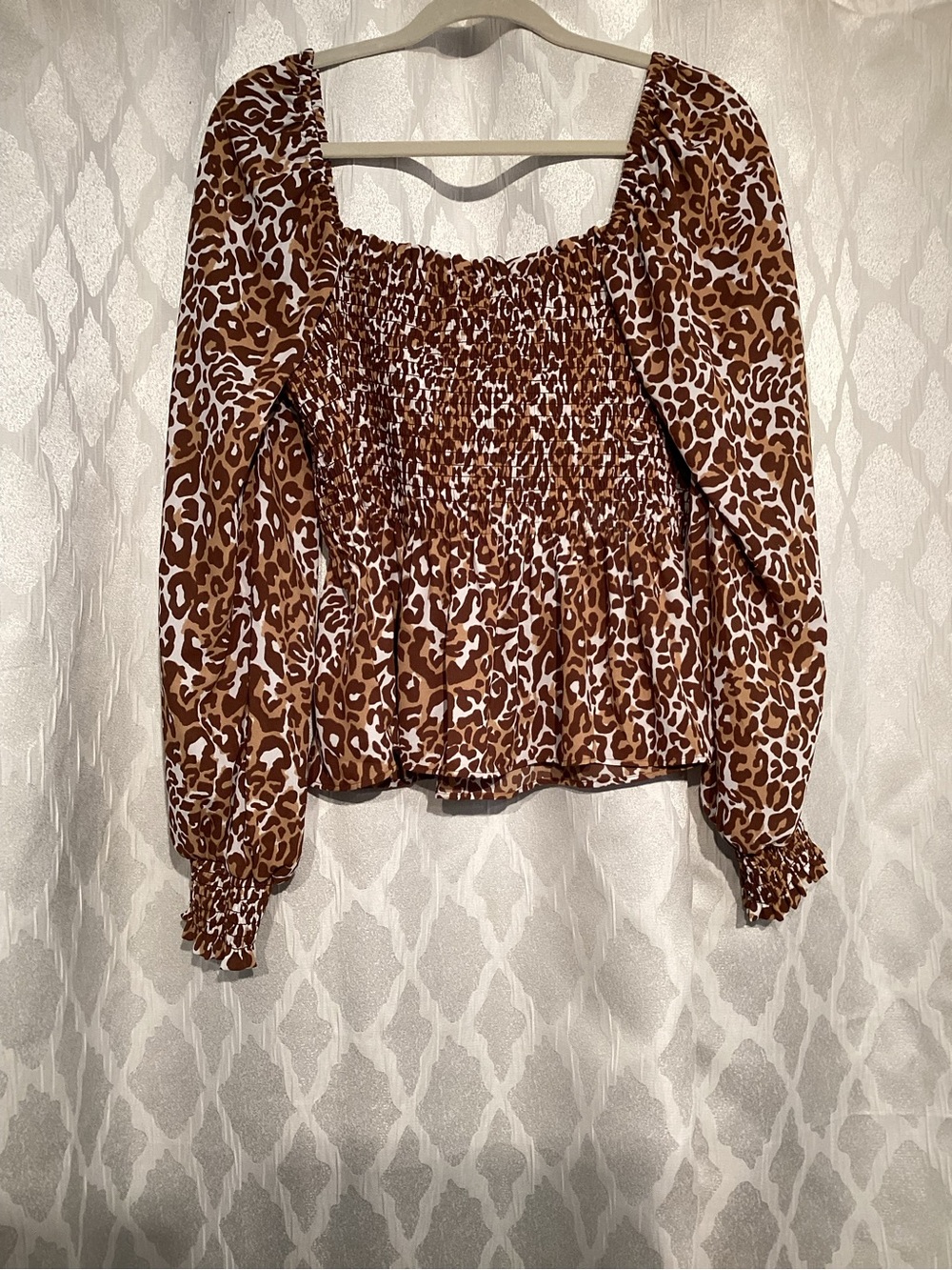 Lilly Pulitzer Brown and White Leopard Smocked Square-Neck Blouse - Picture 3 of 4